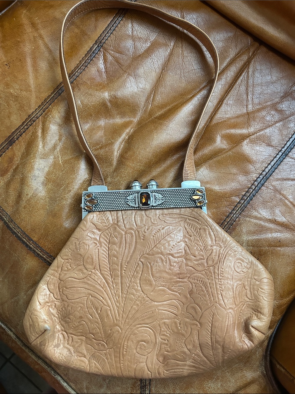 Embossed Leather Clutch Wristlet in Tan